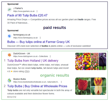 example of paid listings side by side organic listings in search results